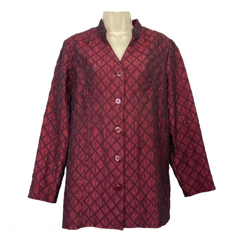 Coldwater Creek Jacket Medium Petite Red Quilted Diamond Argyle Shacket PM MP